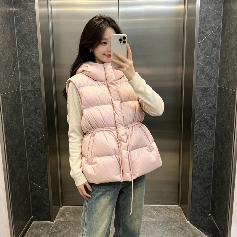 粉色温柔风减龄秋冬设计感宽松大码小个子连帽无袖棉服马夹外套女