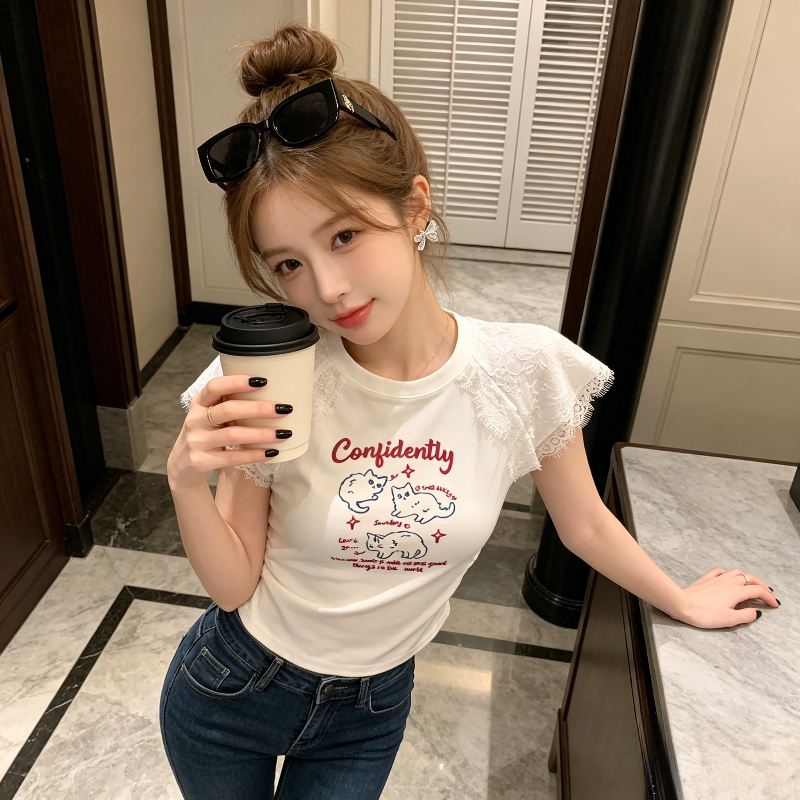 小飞袖正肩蕾丝花边设计感短款掐腰修身显瘦小众短袖T恤上衣女潮