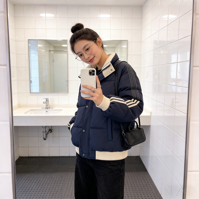 三条杠立领加厚保暖防寒宽松慵懒风小个子棉服外套女面包服棉袄潮