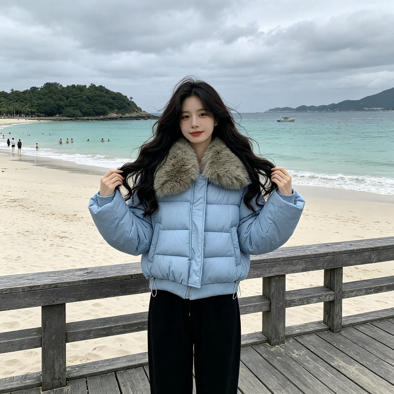 大翻领水蓝色减龄轻奢气质加厚保暖防寒短款棉服外套女面包服棉袄