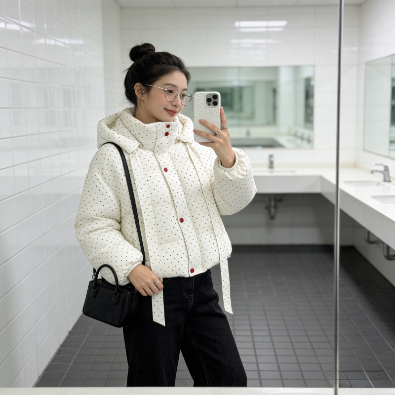 冬季慵懒风设计感连帽宽松大码小个子波点棉服外套女面包服棉袄潮
