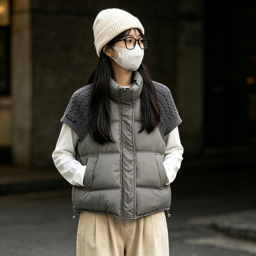 欧货立领休闲针织短袖拼接设计感宽松大码小个子棉服马夹外套女潮