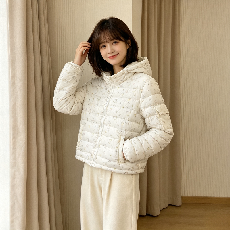 小碎花温柔风连帽秋冬轻薄款保暖防寒休闲小个子棉服排骨服外套女