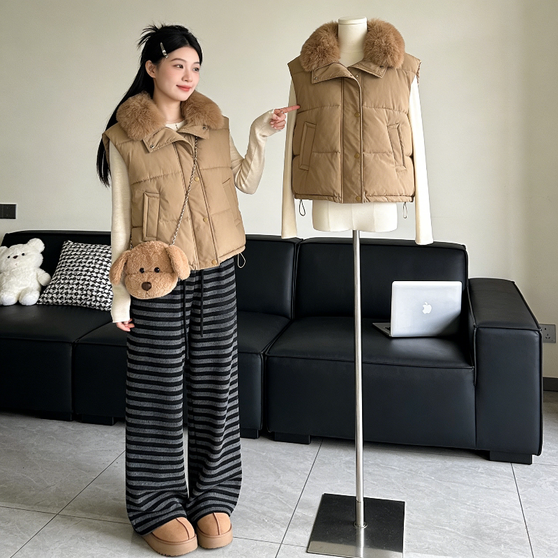 欧货大毛领设计感宽松小个子无袖坎肩棉服马夹外套女背心马甲洋气