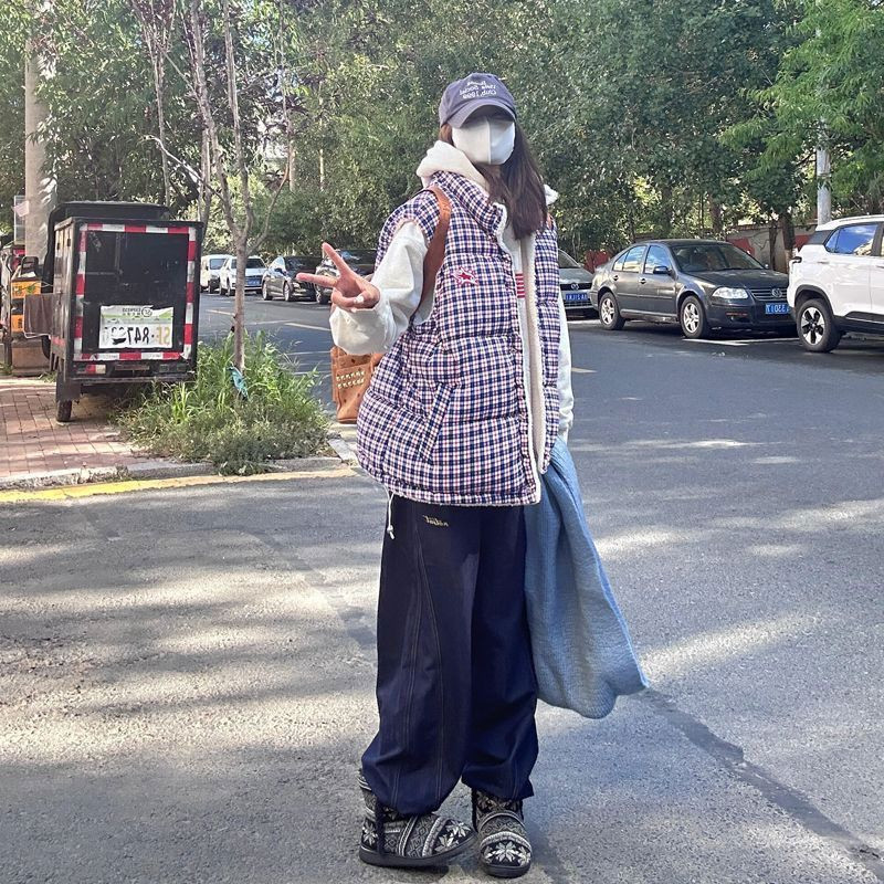格子羊羔毛设计感双面两穿保暖防寒宽松休闲小个子棉服马夹外套女