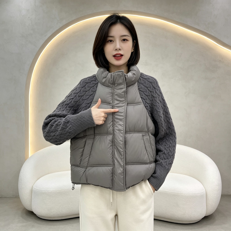 欧货冬季立领针织麻花袖子轻奢气质保暖防寒棉服外套女面包服棉袄