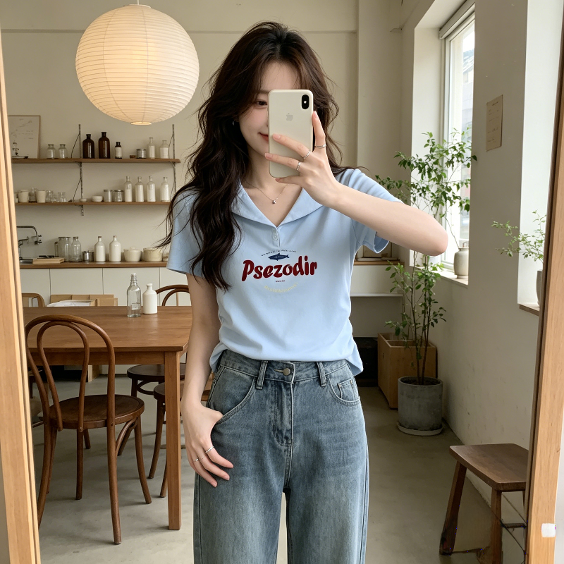 夏季设计感修身显瘦小众短款polo衫翻领短袖T恤女洋气小个子上衣