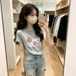 夏季正肩圆领短款修身显瘦短袖T恤上衣女减龄百搭小个子短袖学生