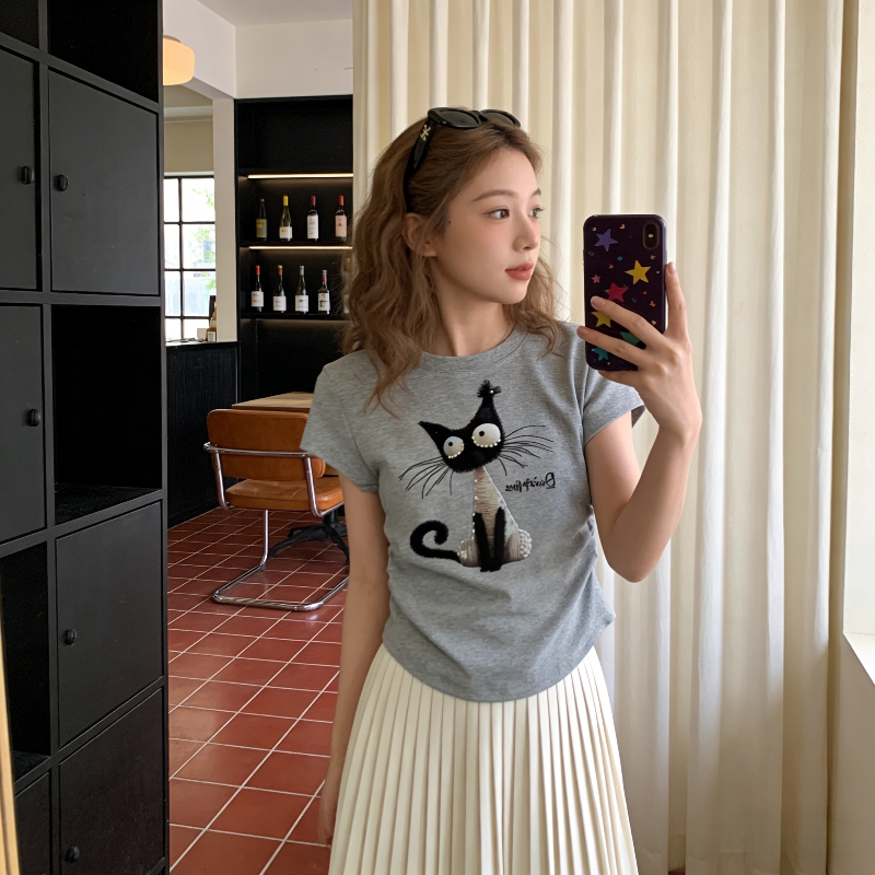 欧货夏季正肩短款小个子洋气短款设计感抽褶T恤上衣女百搭上衣潮