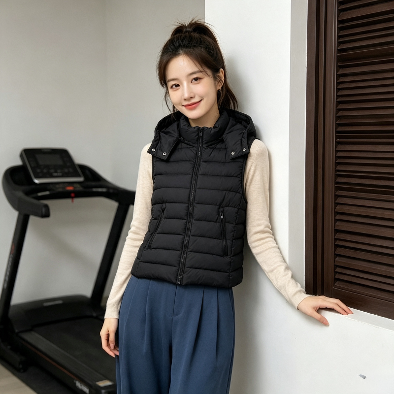 秋冬轻薄款连帽保暖防寒欧货无袖坎肩排骨服棉衣马夹外套女小个子