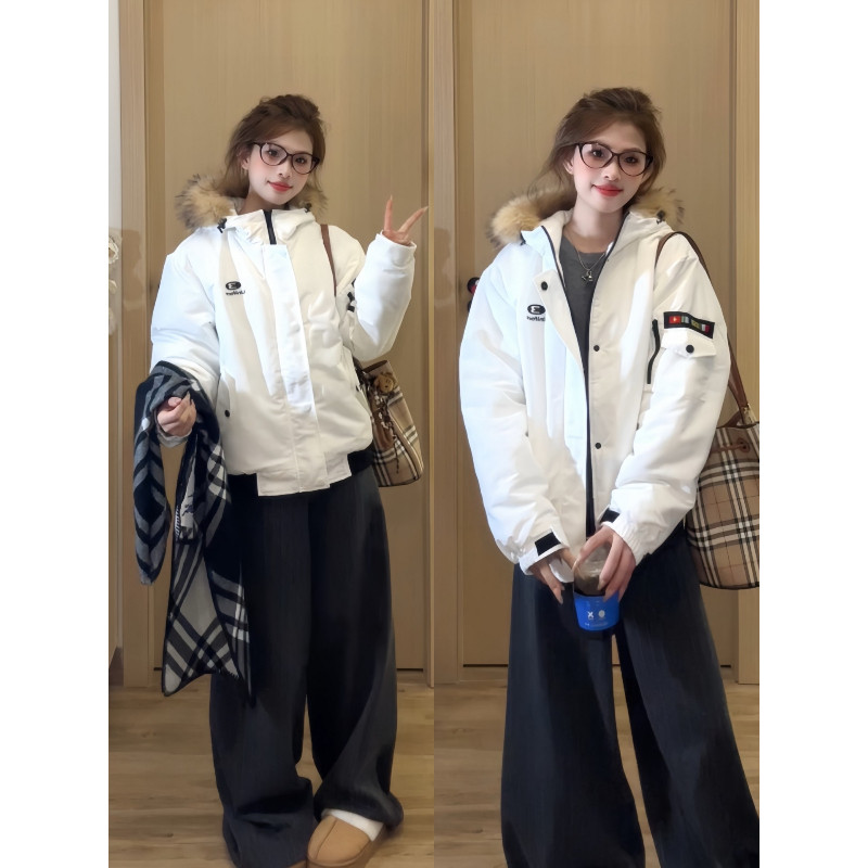 欧货冬季毛领连帽宽松大码小个子保暖防寒工装棉服外套女派克棉袄