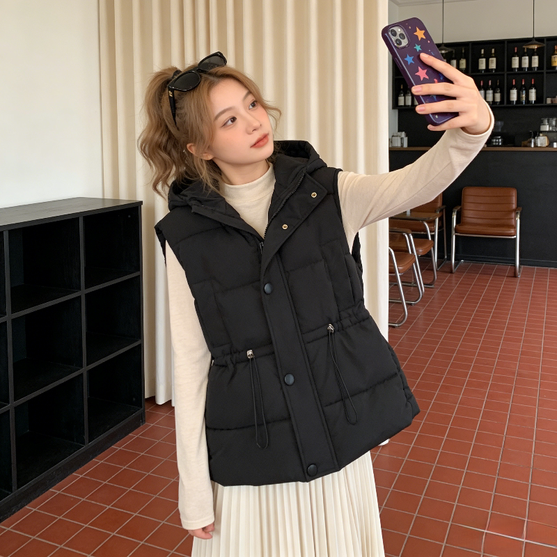 欧货慵懒风设计感连帽宽松大码小个子无袖坎肩棉服马夹外套女洋气