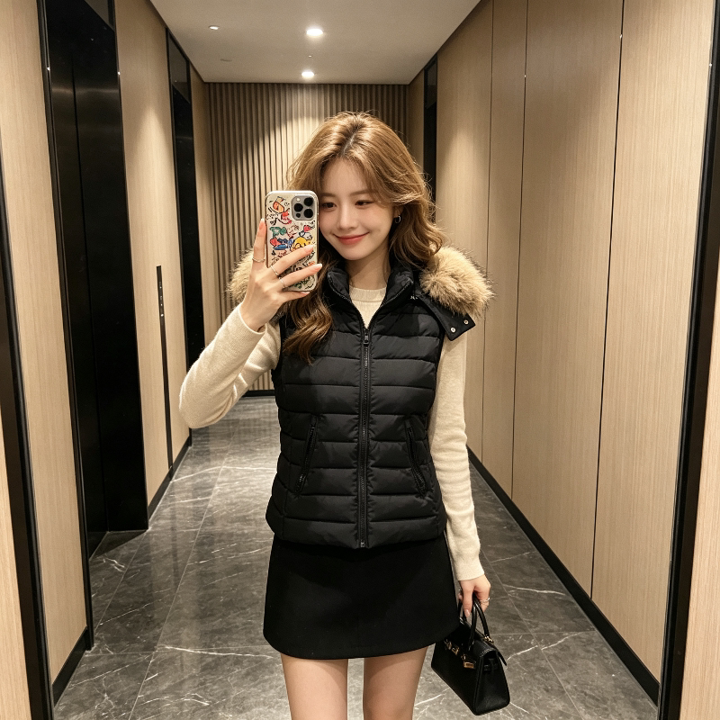 欧货大毛领连帽设计感修身显瘦小个子无袖坎肩排骨服棉服马夹女潮