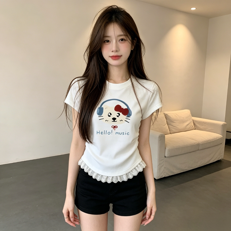 温柔风白色减龄设计感圆领掐腰正肩蕾丝花边拼接短袖T恤上衣女潮
