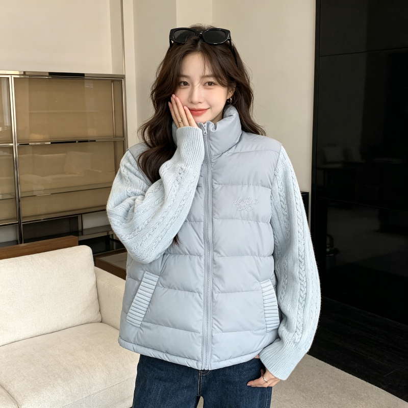 针织麻花袖子拼接设计感宽松小个子立领休闲宽松保暖棉服外套女潮