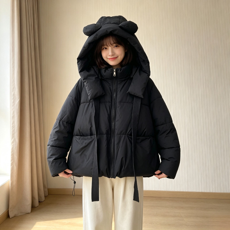小熊耳朵设计感连帽加厚保暖防寒宽松大码小个子慵懒风棉服外套女