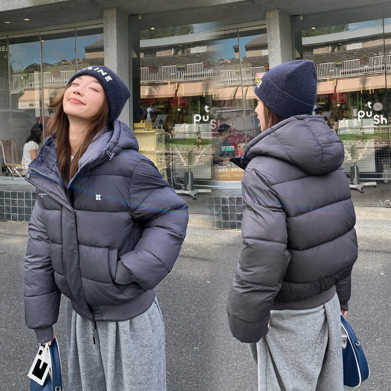 欧货高级灰肯豆风连帽宽松休闲短款小个子保暖防寒棉服外套女气质