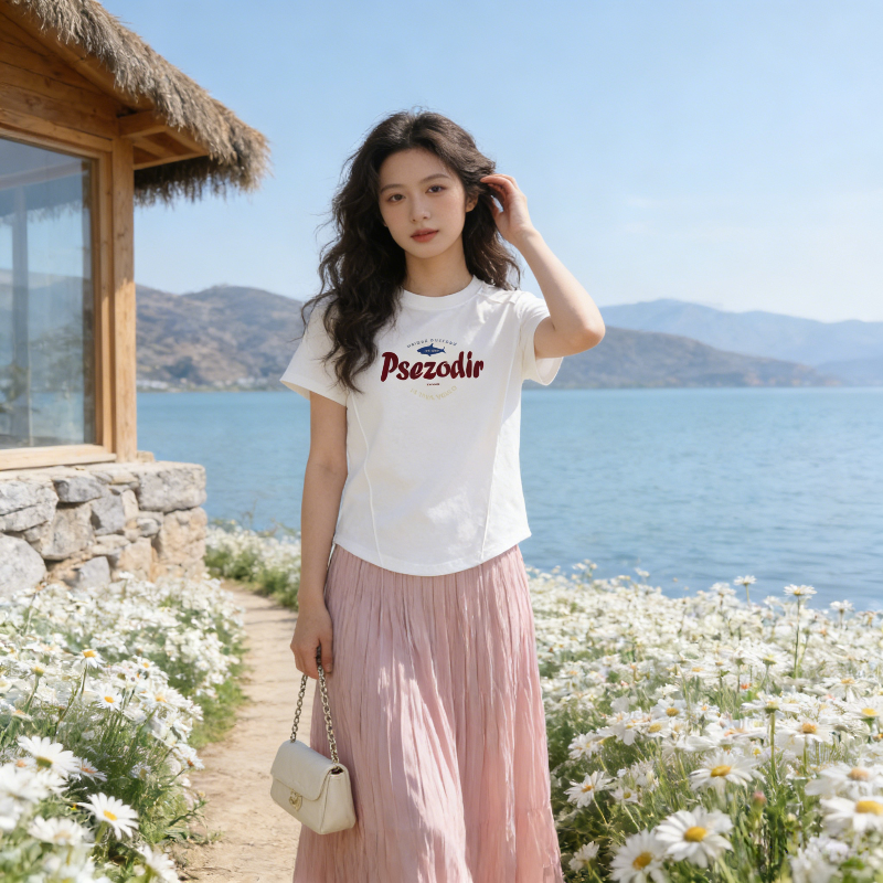 极简印花短袖上衣女夏季正肩鱼骨线装饰显瘦设计感圆领T恤百搭潮