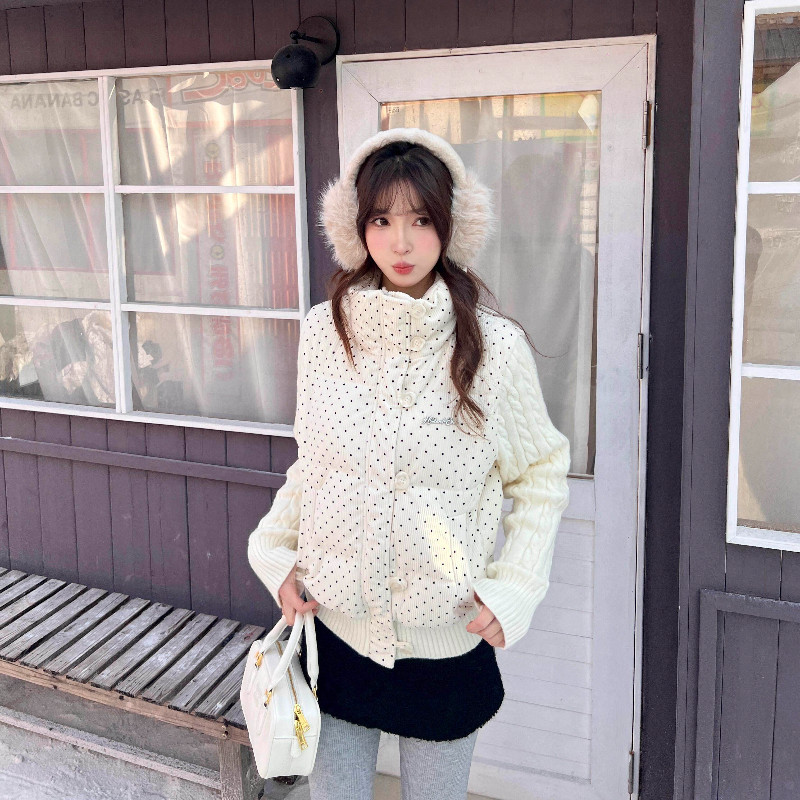 波点立领减龄设计感休闲宽松针织麻花袖子拼接棉服外套女面包服潮