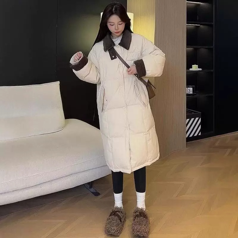 美式温柔风翻领灯芯绒拼接撞色中长款过膝休闲棉服外套女面包服潮