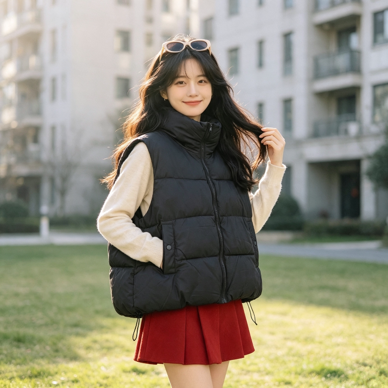 慵懒风秋冬无袖坎肩棉服马夹外套女宽松大码小个子加厚保暖防寒潮