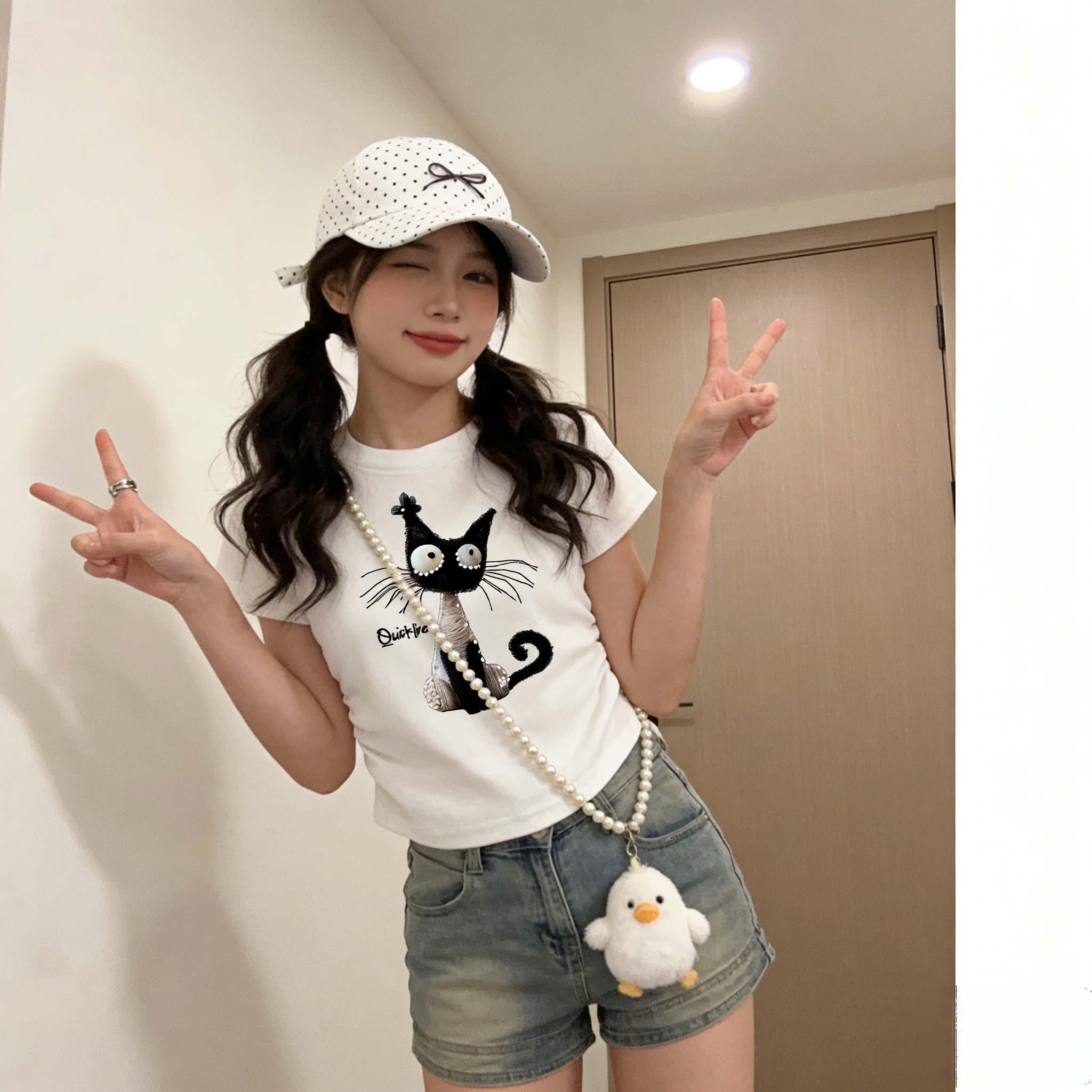 卡通胡子猫印花ins超好看纯色百搭2026不规则褶皱修身显瘦短袖T恤