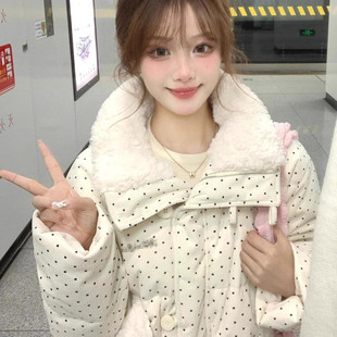 韩系设计波点棉服毛领冬季甜美新款加厚宽松棉袄外套面包短款