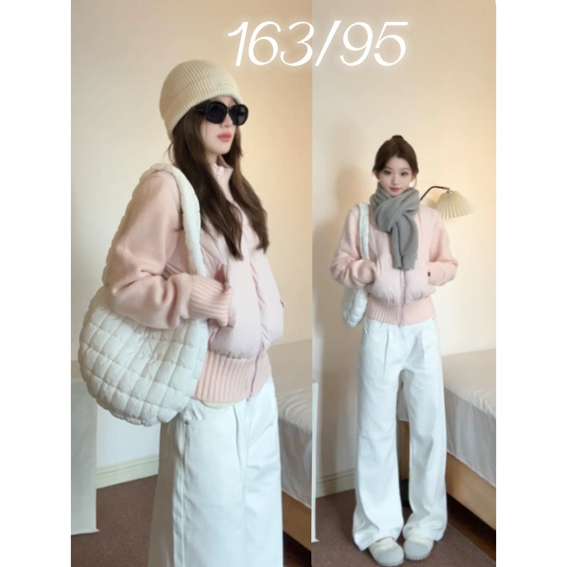 粉色温柔风减龄立领针织袖子拼接休闲小个子短款棉服外套女保暖潮