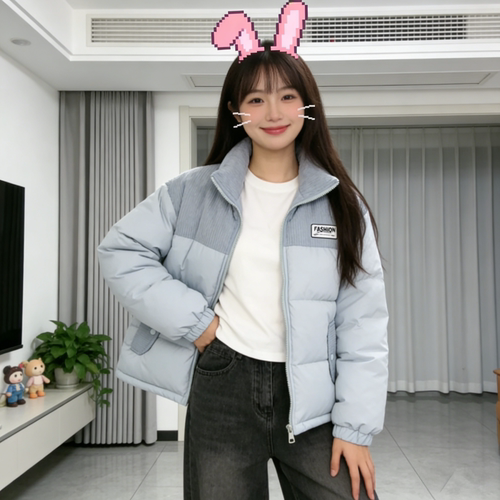 慵懒风设计感拼接撞色宽松大码小个子加厚保暖棉服外套女面包服潮