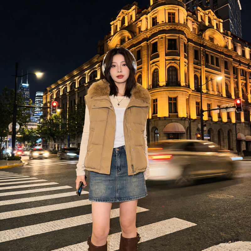 欧货大毛领休闲宽松短款小个子百搭无袖坎肩棉服马夹外套女气质潮
