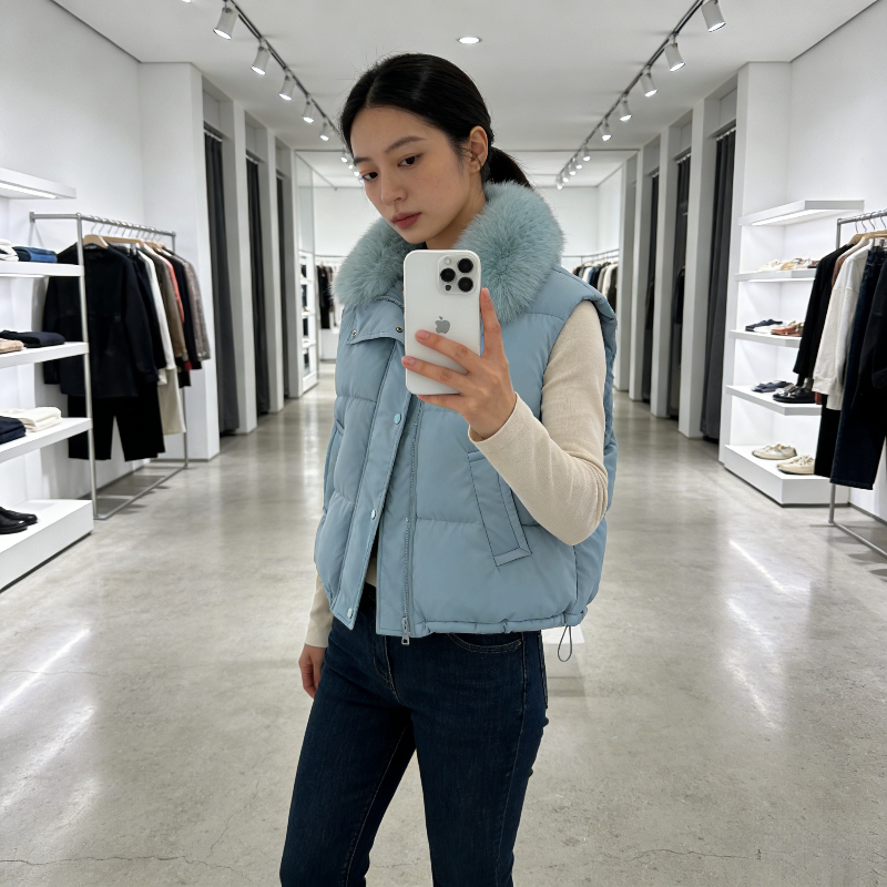 雾霾蓝温柔风减龄大毛领小个子休闲无袖坎肩棉服马夹外套女百搭潮