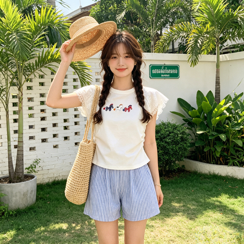 减龄设计感夏季正肩掐腰修身显瘦短款小个子短袖T恤女上衣百搭潮