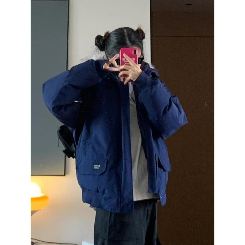 港风冬季工装连帽毛领宽松大码慵懒风加厚保暖防寒派克棉服外套女