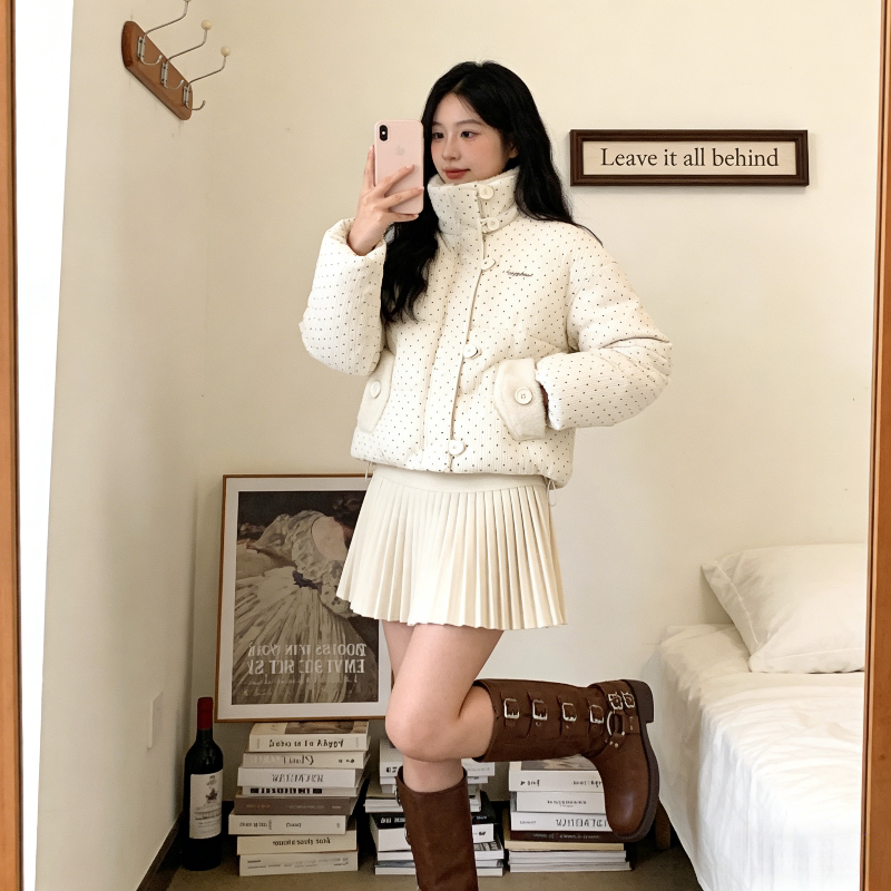 波点毛茸茸立领宽松大码小个子棉服外套女百搭面包服棉袄洋气韩版