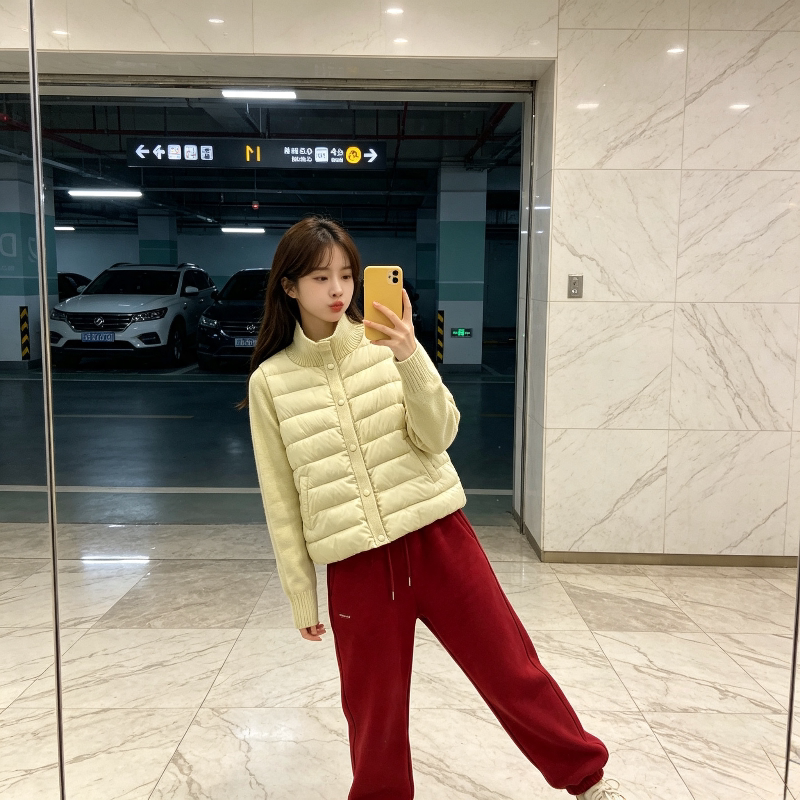 奶黄色温柔风立领针织拼接休闲宽松小个子百搭排骨服棉衣外套女潮