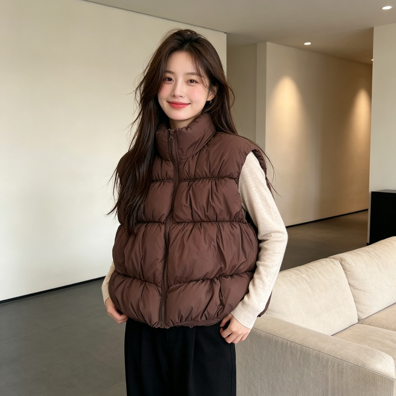秋冬设计感慵懒风宽松大码小个子无袖坎肩立领棉服马夹外套女减龄