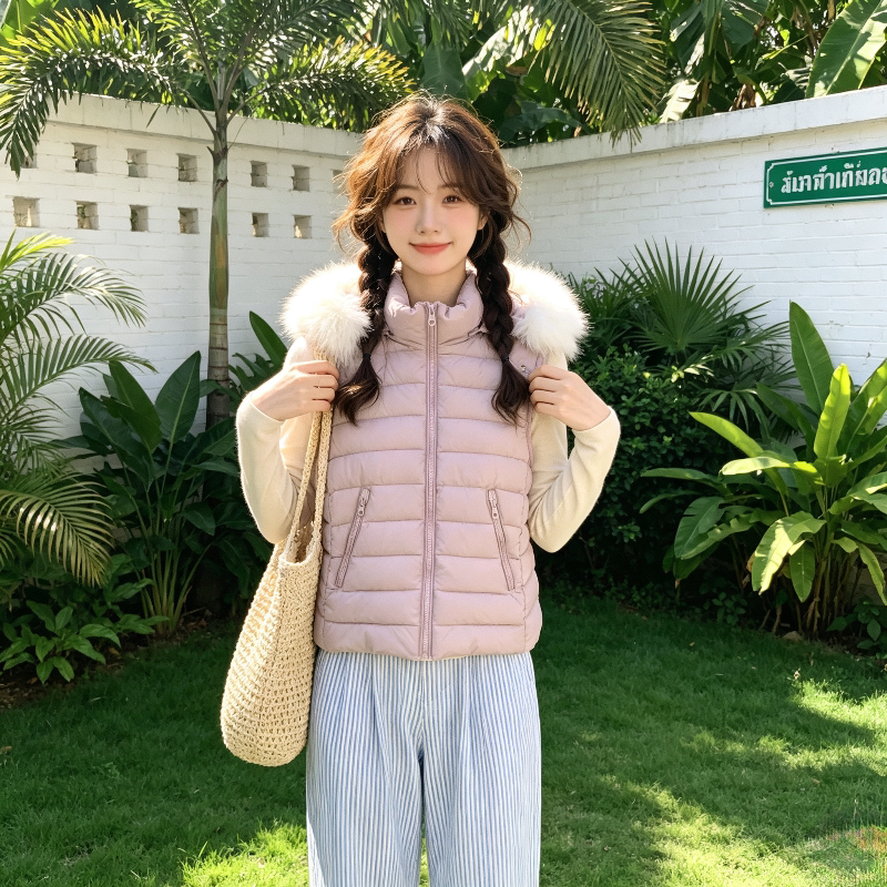 秋冬轻薄款减龄无袖连帽排骨服棉衣马夹外套女小个子修身洋气保暖
