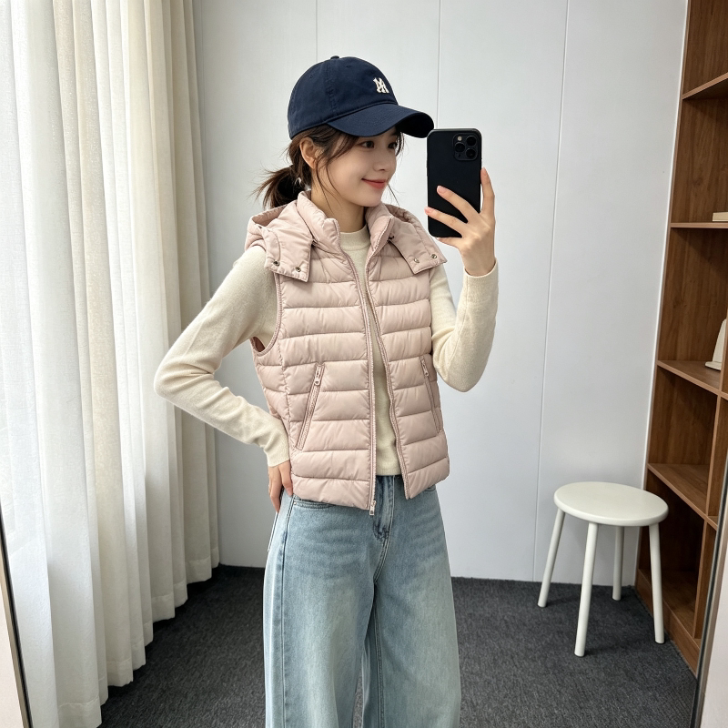 粉色减龄温柔风修身显瘦小个子轻薄款排骨服棉衣马夹外套女设计感
