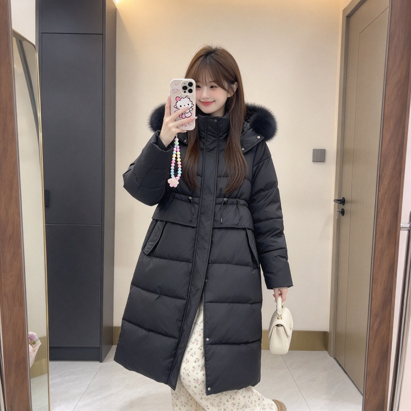 慵懒风冬季连帽毛领加厚保暖防寒中长款过膝宽松大码棉服外套女潮