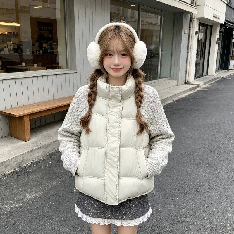 冬季针织麻花袖子拼接温柔风减龄保暖防寒宽松小个子棉服外套女潮