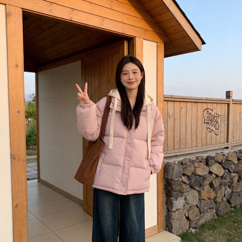 粉色减龄设计感假两件连帽加厚保暖防寒棉服外套女宽松大码面包服