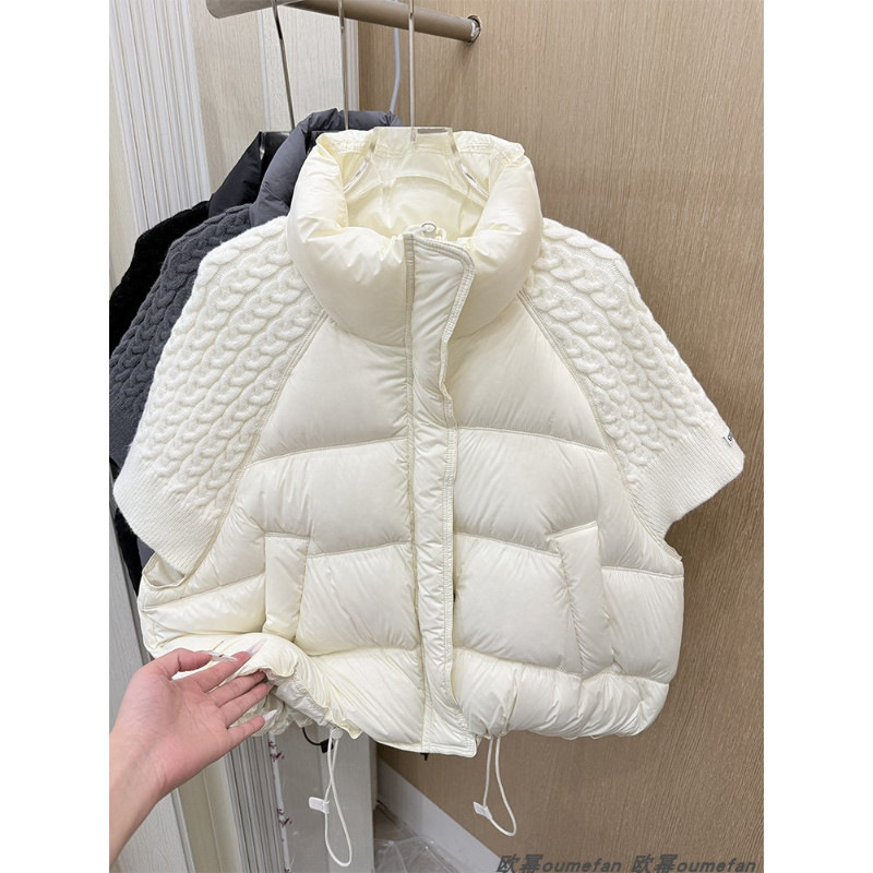温柔风轻奢设计感立领宽松小个子休闲针织短袖棉服马夹外套女洋气