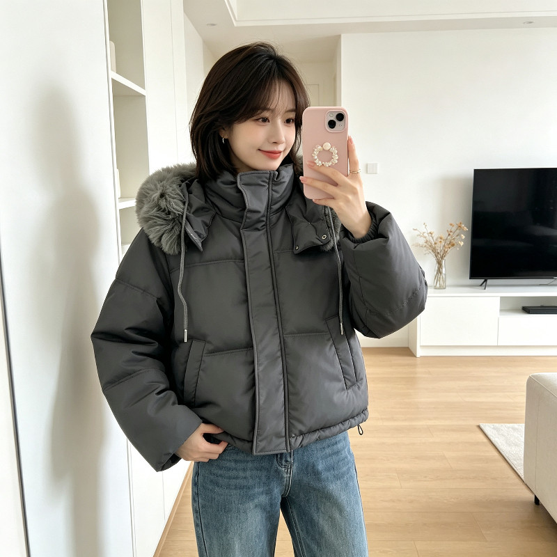 冬季大毛领加厚保暖防寒连帽宽松大码小个子棉服外套女面包服棉袄