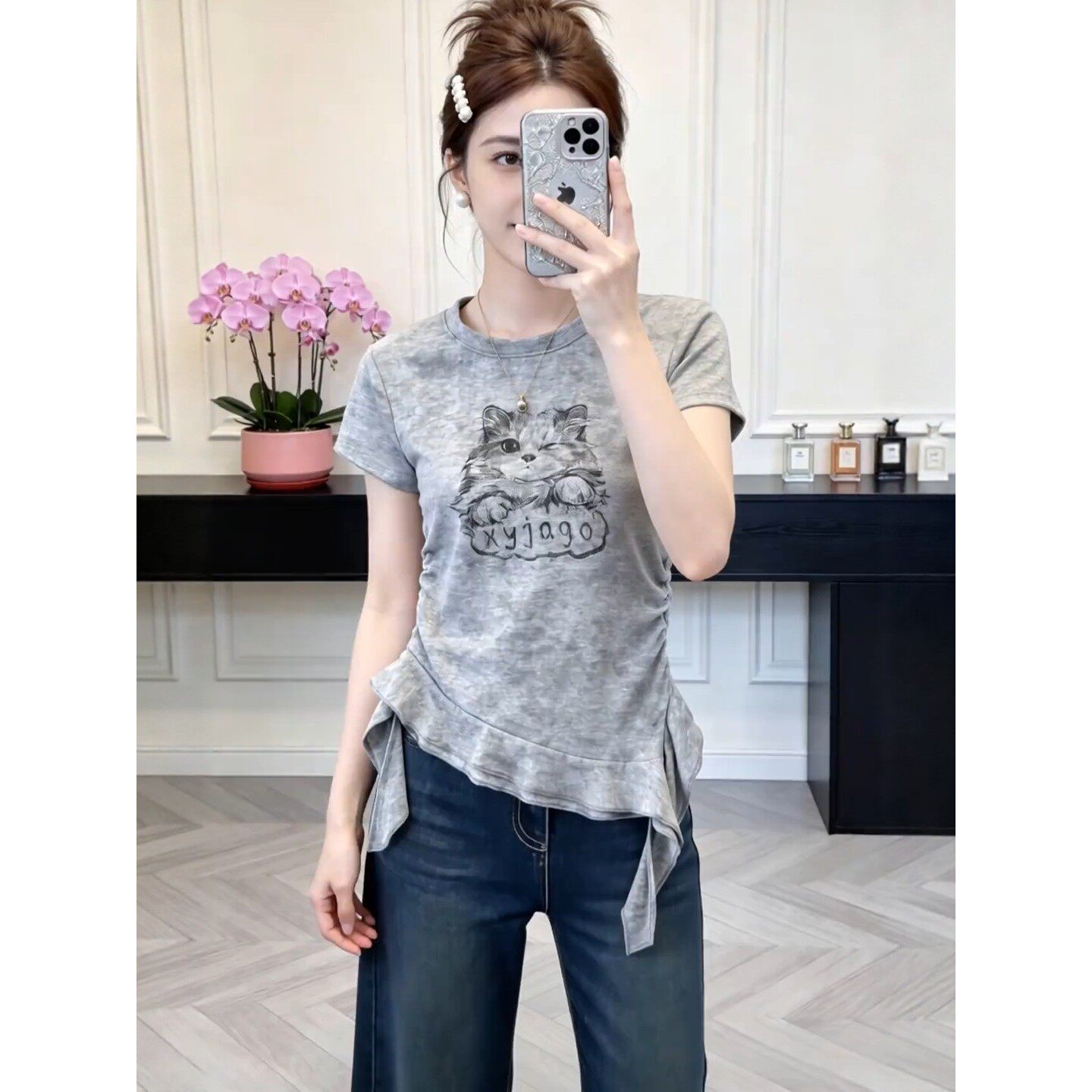 欧货夏季设计感扎染不规则掐腰荷叶边下摆短袖T恤上衣女洋气百搭