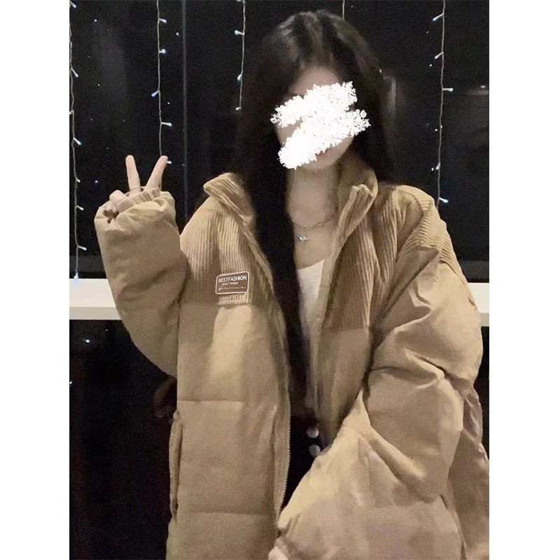 冬季外套新款宽松韩版立领棉服面包服拼色加厚灯芯绒拼接棉衣棉袄
