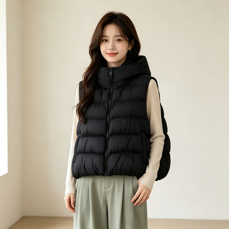 秋冬泡芙款设计感连帽加厚保暖宽松大码小个子无袖棉服马夹外套女