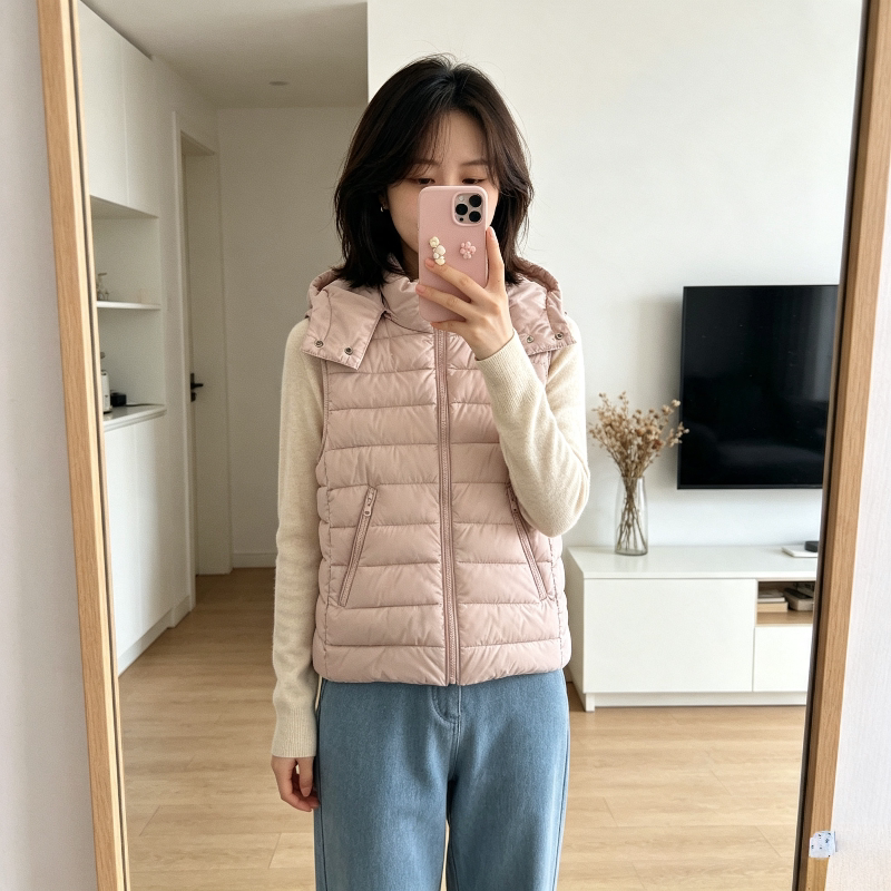 粉色温柔风减龄秋冬连帽无袖坎肩修身显瘦小个子排骨服棉衣马夹女
