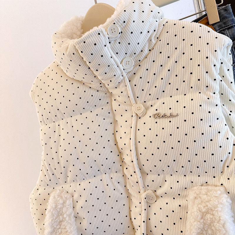 保暖立领无袖背心韩版小众多巴胺冬季波点宽松坎肩外套小个子马甲