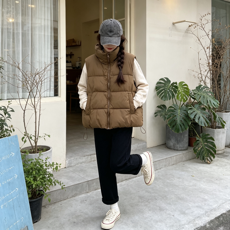 欧货慵懒风宽松大码小个子立领加厚保暖防寒棉服马夹外套女洋气潮