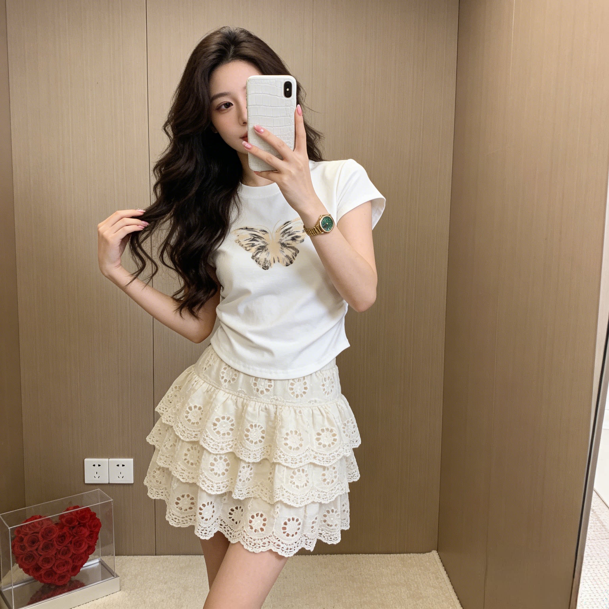 灰色设计感蝴蝶短袖T恤女夏季新款掐腰甜辣妹小个子女生短款上衣